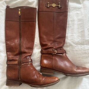 Tory Burch Chestnut Brown Leather Riding Boots with Gold Logo Hardware
